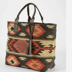 J. Jill Southwestern Jacquard Tote Bag Woven Aztec Print Wool Jute Leather